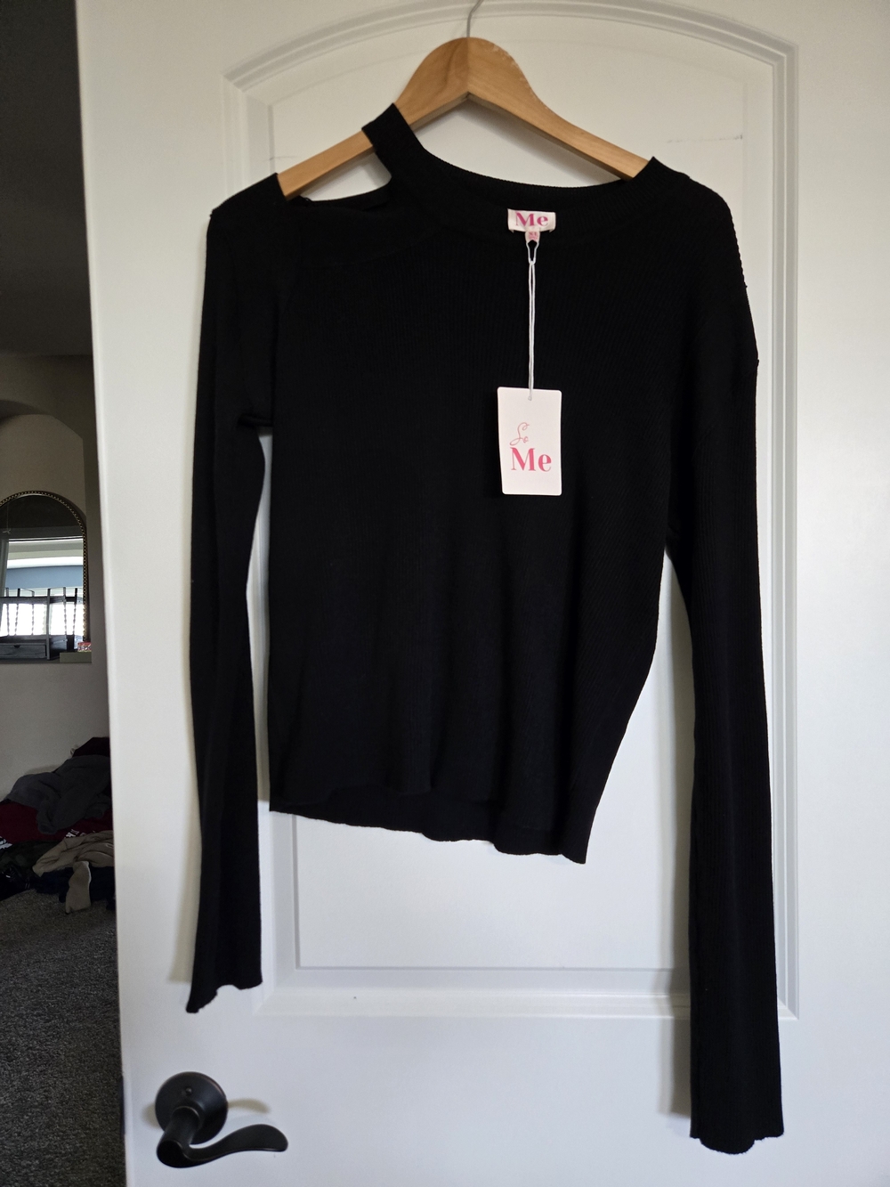 So Me Black Long-Sleeve Asymmetric Cutout Ribbed Top